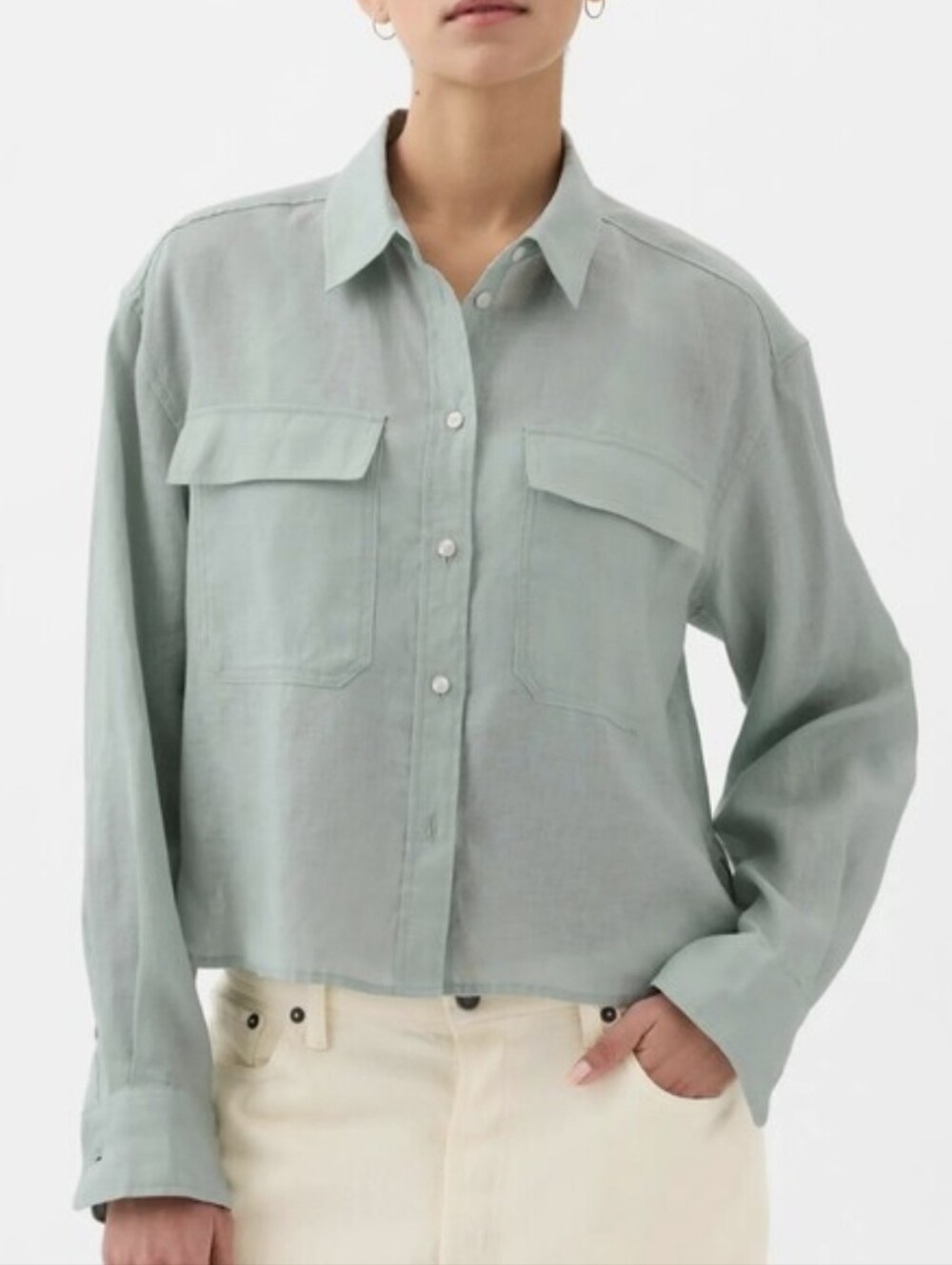 GAP Cropped 100% Linen Shirt in Sage Green